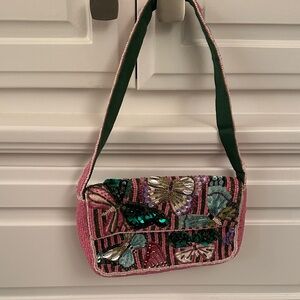 Anthropologie Pink and Green Embellished Shoulder Bag